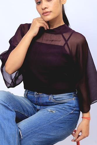 Image of Women's High Neck Sheer Sleeve Top, Light Blue, Oversized Fit, Summer Style