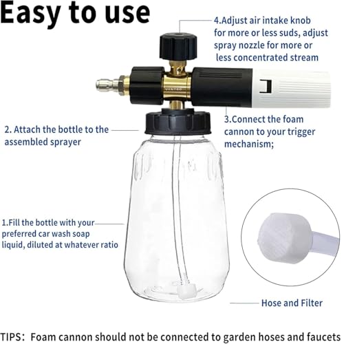 Image of 1L Foam Cannon Snow Foam Blaster | Brass Adjustable Foam Lance with Transparent Bottle | 1 /4 inch Quick Connector Pressure Washer Attachment for Car Wash, Bike Wash & Detailing