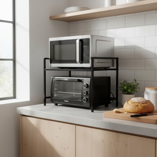 Image of RIZIK STORE Metal Adjustable Microwave Oven Stand for Kitchen Platform | 2-Tier Microwave & OTG Stand | Heavy Duty Organizer Rack | Powder Coated | Black | CRC Steel