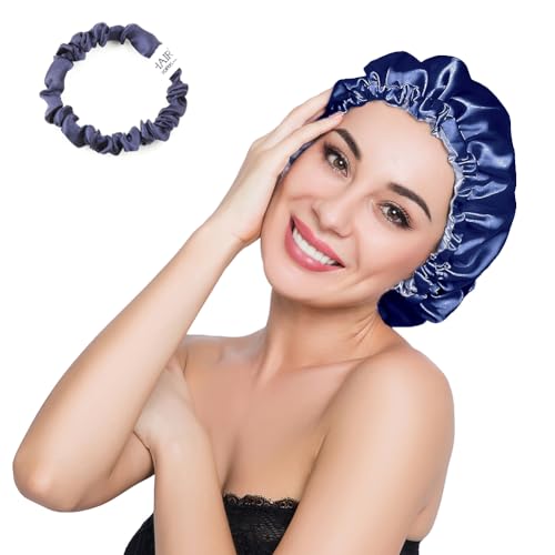 Image of Stain Bonnet Silk Sleep Cap Adjustable Satin Cap for Night Sleeping Hair Bonnet Reversible Double Layer