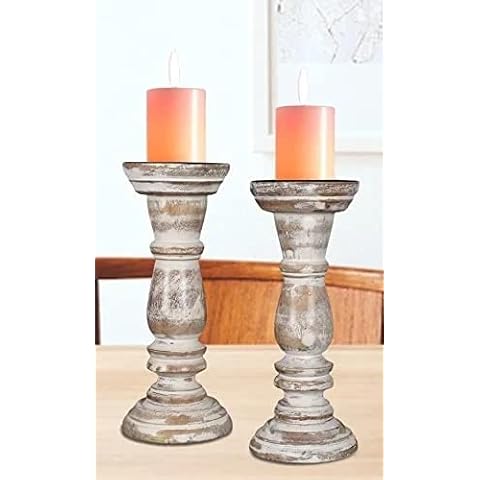 Hand Crafted Decorative Wooden Candle Holder Stand, Candalbras, Rounded Turned Colums, Country Style Idle Gift for Wedding, Party, Home, Spa - 8 Inch Set of 2 - White Wash Cover