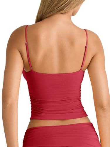 Image of PINKMSTYLE Women's Sexy V Neck Ruched Cami Top Sleeveless Spaghetti Double Layer Fitted Crop Tank Tops