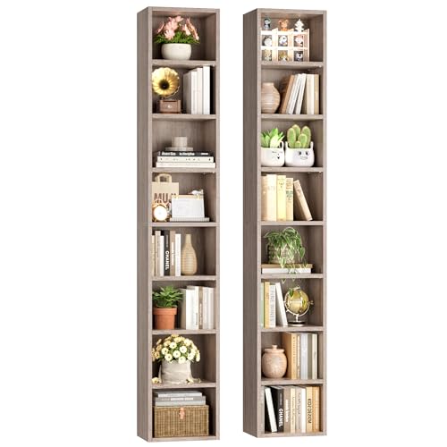 FOTOSOK 2 Pcs 71'' Tall Narrow Bookshelf, 8-Tier Media Tower Rack Set of 2, CD DVD Storage Cabinet with Adjustable Shelves, Tall Narrow Bookcase Skinny Display Bookshelf Slim Shelf, Oak