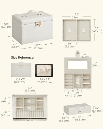 SONGMICS Jewellery Box 3 Layers, Jewellery Organiser with 2 Drawers, Jewellery Case with Portable Travel Case, with Handle, Lockable, Gift Idea, Cloud White PU Cover, Cream White Lining JBC121W02