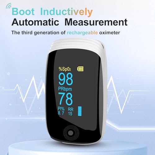 Image of Fingertip Pulse Oximeter with Respiration, OLED Display Rechargeable Oxygen Monitor, Track SpO2 Pulse Rate PI and RR, Fast Accurate Reading Lanyard Included for Home and Outdoor Sports