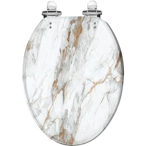 Elongated Toilet Seat Smooth White Marble Texture Golden Marble Texture Resin Toilet Seat with Quietly Close Quick Release Hinges Decorative Toilet Seat with Cover Easy to Clean and Install