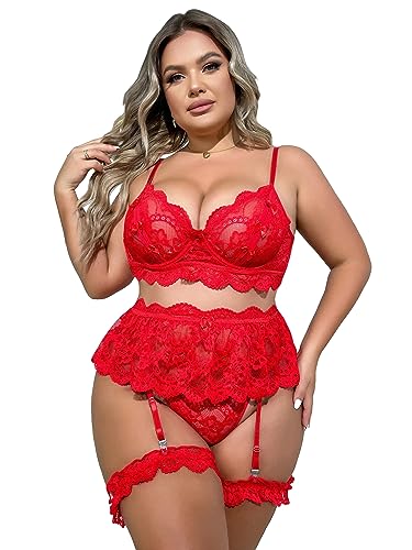 SOLY HUX Women's Plus Size Floral Lace Scallop Underwire Garter Push Up Bra and Panty Lingerie Set Plain Red 2XL
