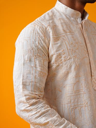 Image of SOJANYA (Since 1958 Men's Cotton Silk Kantha Thread Embroidered Kurta with White Pyjama