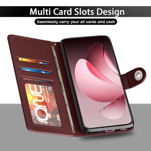 Image of Pikkme Flip Cover Leather Finish | Inside TPU with Card Pockets | Wallet Stand and Shock Proof | Complete Protection Button Flip Case for Oppo Reno 13 Pro 5G(Brown)