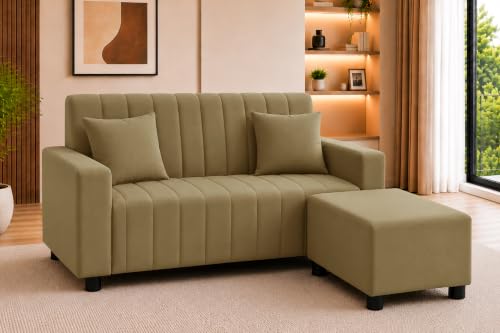 Image of Rosebell 2 Seater Sofa with Ottoman | Living Room Couch | with Cushions | Sofa for Home, Apartment & Office-Golden Color