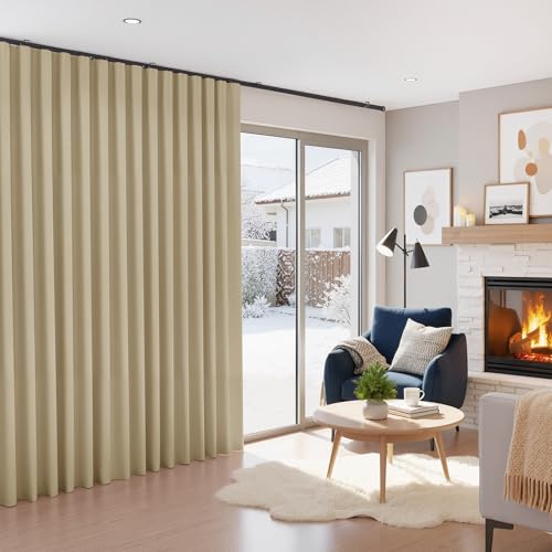Image of RYB HOME Extra Wide Blackout Curtain with Hooks, Ceiling Mounted & Rod Pocket, Thermal Insulated Privacy Assurd Curtain Partition for Office /Living Room, Beige, W180 x L96, 1 Panel