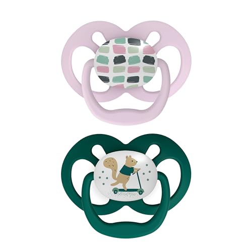 Dr. Brown's Advantage Baby Pacifier, Fully Symmetrical Soother with Soft Silicone Bulb, Scooter Squirrel, 6-18m, BPA Free, 2 Pack