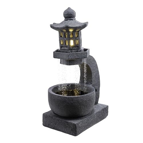 Image of Alpine Corporation DIG370 31 inch Outdoor Zen Pagoda Water Fountain with LED Lights & Illuminated Stone Bowl - Tranquil Garden Water Feature for Relaxation and Ambiance, Gray