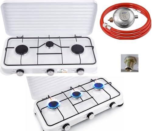SMH LINE® Réchaud à gaz de camping 3 feux avec tuyau et régulateur - Gaz propane 5,4 kW - Plaque de cuisson de camping - Réchaud d'extérieur - Réchaud...