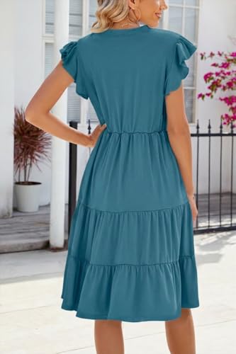 Image of Womens Summer Dress Ruffle Sleeve V Neck Midi Dresses Casual Fit Flowy Tiered Boho Beach Vacation Sundress