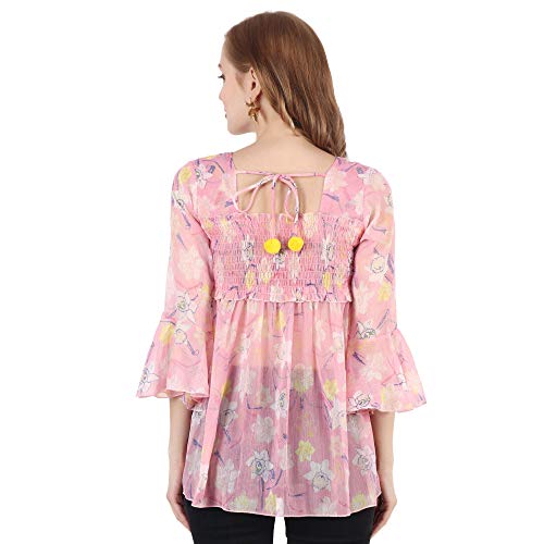 Image of POPWINGS Printed Chiffon Peplum Tops for Women || 3 /4th Sleeves Square Neck Women Tops for Summer || Stylish Western Smocking Women Tops