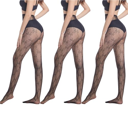 Image of 3 Pairs Fishnet Tights, Lace Stockings for Women, Patterned Tights for Women, Thigh High Suspender Stockings Butterfly Pattern