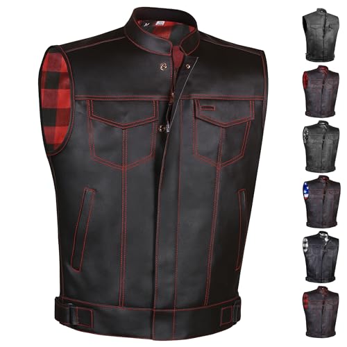 SOA Motorcycle Vest for Men, Premium Buffalo Leather, Back Armor, Inside Pockets, Biker Riding Club Vests Flannel Red L