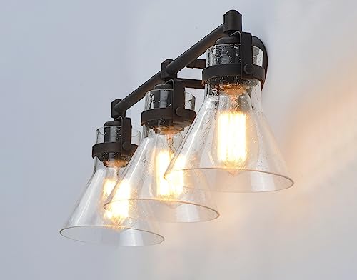 Image of Maxim Lighting Seafarer 4-Light Bath Vanity Light | Oil Rubbed Bronze Steel Finish | Seedy Wire Glass Shade | Industrial Indoor Light Fixture | Ideal for Bathrooms & Powder Rooms | 26114CDOI