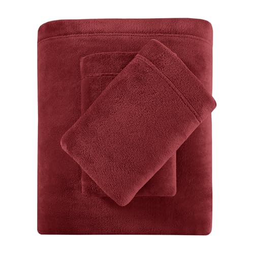 Image of True North by Sleep Philosophy Plush Sheet Set Twin, Solid Color, Warm & Soft Bedding Twin Size Sheets, Fitted Pocket Fits Up to 16 inch Mattress, Soloft, Burgundy 3 Piece