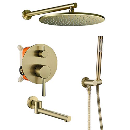 AOEIUV Duschsystem Gebürstetes Gold Regendusche Wandhalterung Brausegarnitur Duschset mit 10 Zoll Messing Duschkopf, Handbrause, Badewannenarmatur, Embedded-Box Cover