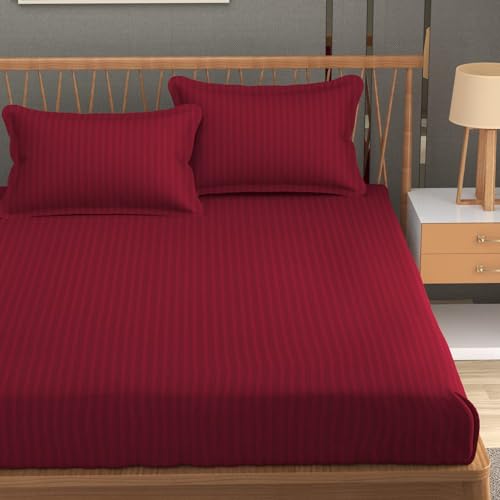 Image of Blue Strip Polycotton Bedsheet, Double 90x100 (Maroon) | Hotel Quality | Soft, Breathable & Colourfast | Wrinkle Resistant | Machine Washable | Pillow Covers Included