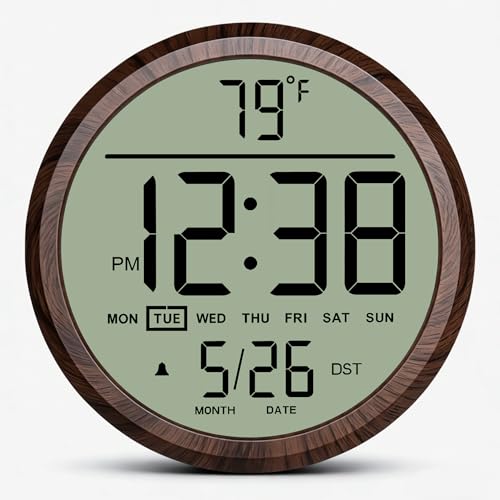 Maxstar Digital Wall Clock Battery Operated, 8 Inch Digital Clock with Date and Temperature, 12/24H, Seconds, Alarm, DST, Desktop/Wall Mounted for Home, Office, Bedroom(Wood)