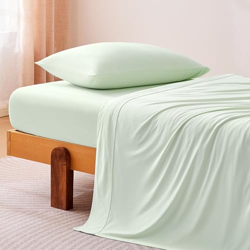 Image of Amazon Basics Cooling Sheets, 3-Piece Bed Sheet Set for Summer, Soft and Breathable for Hot Sleepers, Bedding with 1 Deep Pocket Fitted Sheet, 1 Flat Sheet, and 1 Pillowcase, Twin, Aloe Green