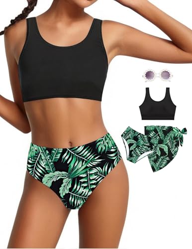 Image of Teen Girls Swimsuit High Waist Sporty Bikini Bathing Suits with Cover Up Skirt and Sunglasses 4 Piece Set 8-15 Years