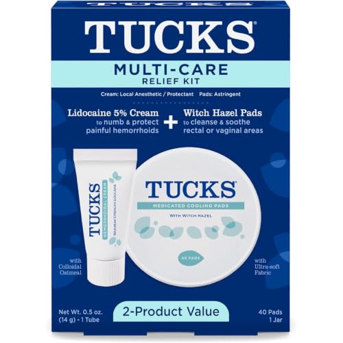 Tucks Multi-Care Relief Kit 40 Count Witch Hazel Pads & 0.5 oz. Lidocaine Cream - Protects from Irritation Hemorrhoid Treatment Medicated Pads Used by Hospitals