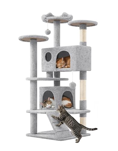 Yaheetech Árbol Rascador para Gatos 139cm con 3 Plataformas 2 Nidos 2 Pompones Torre de Escalador con Postes en Sisal Ideal para 3-4 Gatos Gris Claro