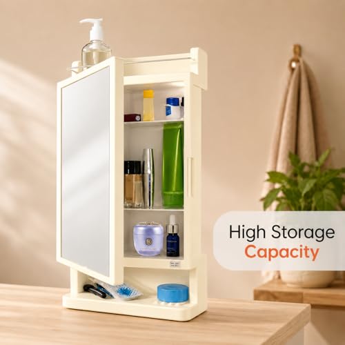 Image of CIPLA PLAST Rich Look Plastic Wall-Mounted Bathroom Mirror Cabinet with Storage Shelves, Single Door, Bathroom Mirror Cabinet with Towel Holder | (Ivory)