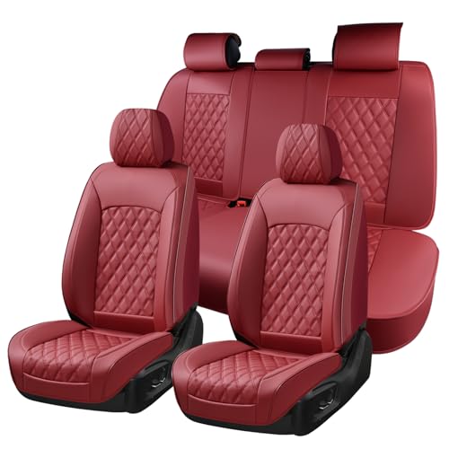 Image of Huidasource Red Seat Covers, Car Seat Covers Nappa Leather Universal Fit for Most Cars, Vans, Trucks, SUVs, Compatible with Airbags, Child Seat, Automotive Seat Covers Velcro Adjustable (Full Set /Red)