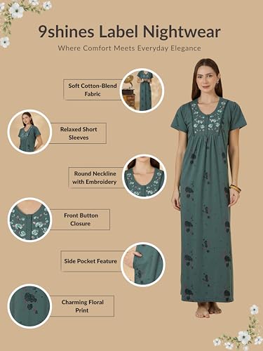 Image of 9shines Label Stylish Cotton Blend Embroidered Maxi Nightdress for Women with Pocket| Full Length Nightwear| Premium Nightdress| Comfortable Nightwear(5256)