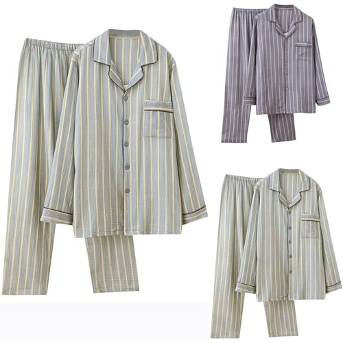 Mens Long Sleeve Loose Cotton Pajama Set Casual Plaid Button Down Lapel Tops and Pant Loungewear 2 Piece with Pocket