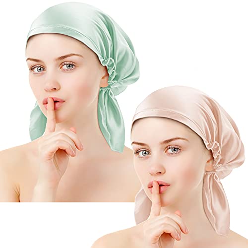 2 Pieces Autumn Fall Women Real Silk Night Sleeping Cap Smooth Bonnet Cap with Ribbon for Thankgiving (Light Pattern)