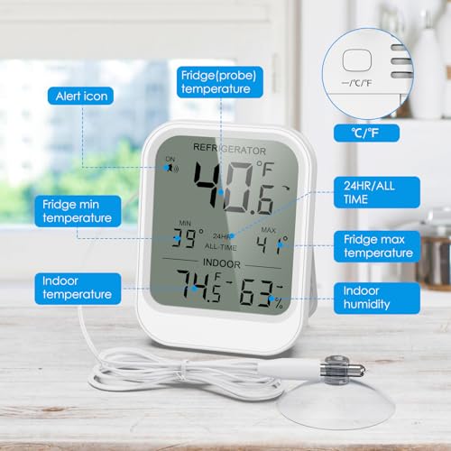 AMIR Digital Fridge Thermometer with Probe, LCD Display, Max/Min Records, Alarm, Digital Thermometer with External Sensor, Magnet, Suction Cup Freezer for Aquarium,Refrigerator,Freeze