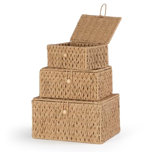 Otauoaea 3 Stück Aufbewahrungskorb mit Deckel – Geflochtener Korb aus Papierseil, Stapelbar für Bad, Küche & Wohnzimmer | Boho Deko & Organizer