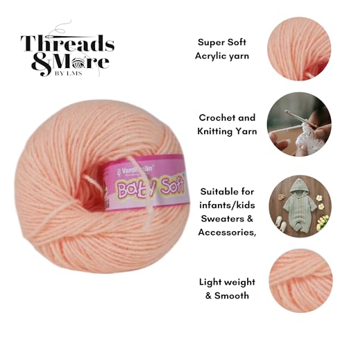 Image of Vardhman Baby Soft Yarn Pack of 6 - 4-Ply Acrylic Wool 150g Total | Soft Yarn for Knitting & Crocheting Baby Blankets, Sweaters, Toys & Accessories | 86m per 25g Ball (1, Peach)