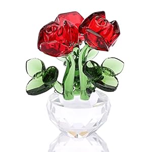 OwnMy Red Crystal Rose Flower Figurines Collectibles Small Crystal Rose Bouquet Ornaments, Crystal Glass Rose Paperweight Crystal Red Rose Flower Decor for Anniversary Wedding Tabletop Centerpieces