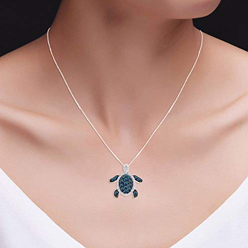 Blue & White Natural Diamond Prong Set Turtle Pendant Necklace 14k Rose Gold Over Sterling Silver (1/2 Ct)