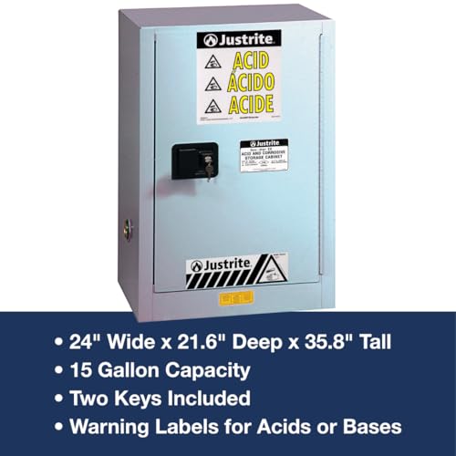 Image of Justrite Acid Corrosive Storage Cabinet - 15 Gallon 1 Door Self Close Chemical Storage Cabinet with ChemCor Coating - 22 inch x 36 inch x 24 inch - Made in The USA - Silver - 8825242
