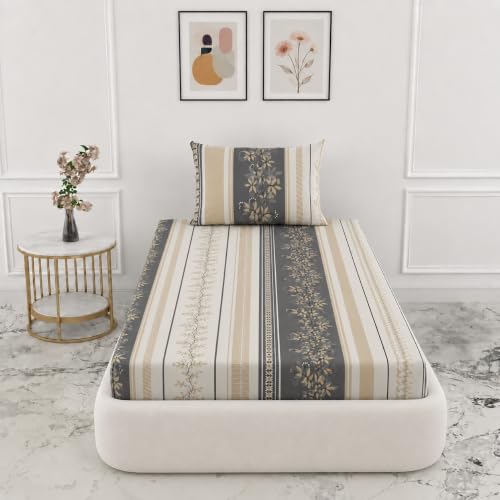 Image of VOMZER Single Size (36x72) 300 TC Soft Cotton Feel Microfiber All Around Elastic Fitted Single Bedsheet with 1 Pillow Cover | Grey Vine