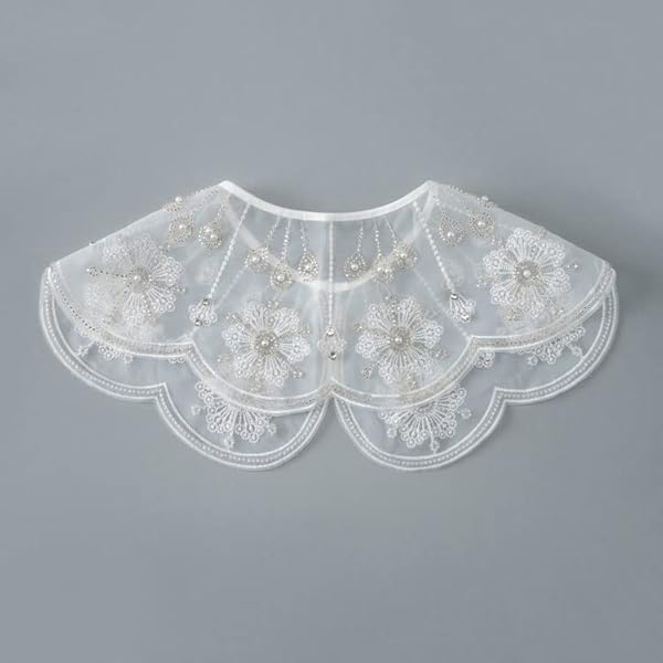 EYHLKM Kralen nep kraag leeftijdsverminderde poppen kraag collocatie rok sjaal decoratieve kraag organza geborduurde nepkraag (Color : Argento, Size : One Size)