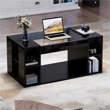 VIEKOS 100 x 50 x 40 cm, mesa de centro ahuecada en el centro, mesa de té con tablero de cristal templado, mesa auxiliar LED brillante para salón, mesa auxiliar de Navidad, color negro, MDF