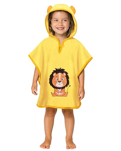LAYNENBURG Premium Badeponcho Kinder mit Kapuze - 100% Baumwolle - OEKO TEX - Baby Jungen M&auml;dchen Handtuch Poncho Frottee - 1-3 Jahre/L&ouml;we