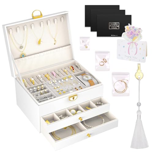 TOSUTO Caja Joyero,Joyeros Mujer Organizador Organizador Joyas Cuero PU,con 2 cajones y 3 niveles,para collares,pendientes,pulseras y anillos.Incluye 3 paños de plata,1 Borlas y 15 bolsas para joyas