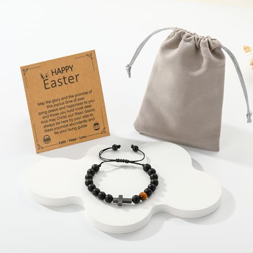 Image of P. BLAKE Cross Bracelet for Boys Men, American Flag Cross Natural Beads Bracelet Christian Religious Birthday Jewelry Gifts for Teen Boys