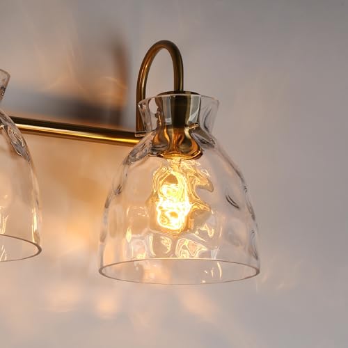 Image of KSANA Modern Bathroom Light Fixtures, Vintage 3 Light Vanity Lights Over Mirror Black and Electroplated Brass Bathroom Vanity Light with Water Ripple Glass, 23 inch W