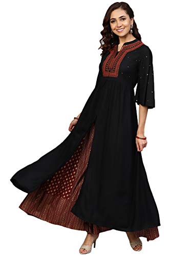 Image of Juniper Black Rayon Embellished Kurta with Printed Flared Palazzo